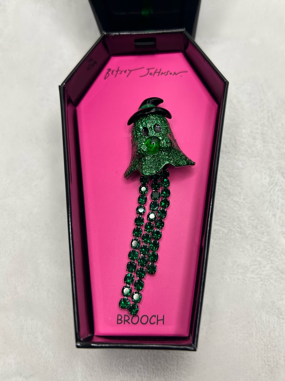 Betsey Johnson Green Glitter Ghost Rhinestone Dangle Brooch NWT - Picture 2 of 8